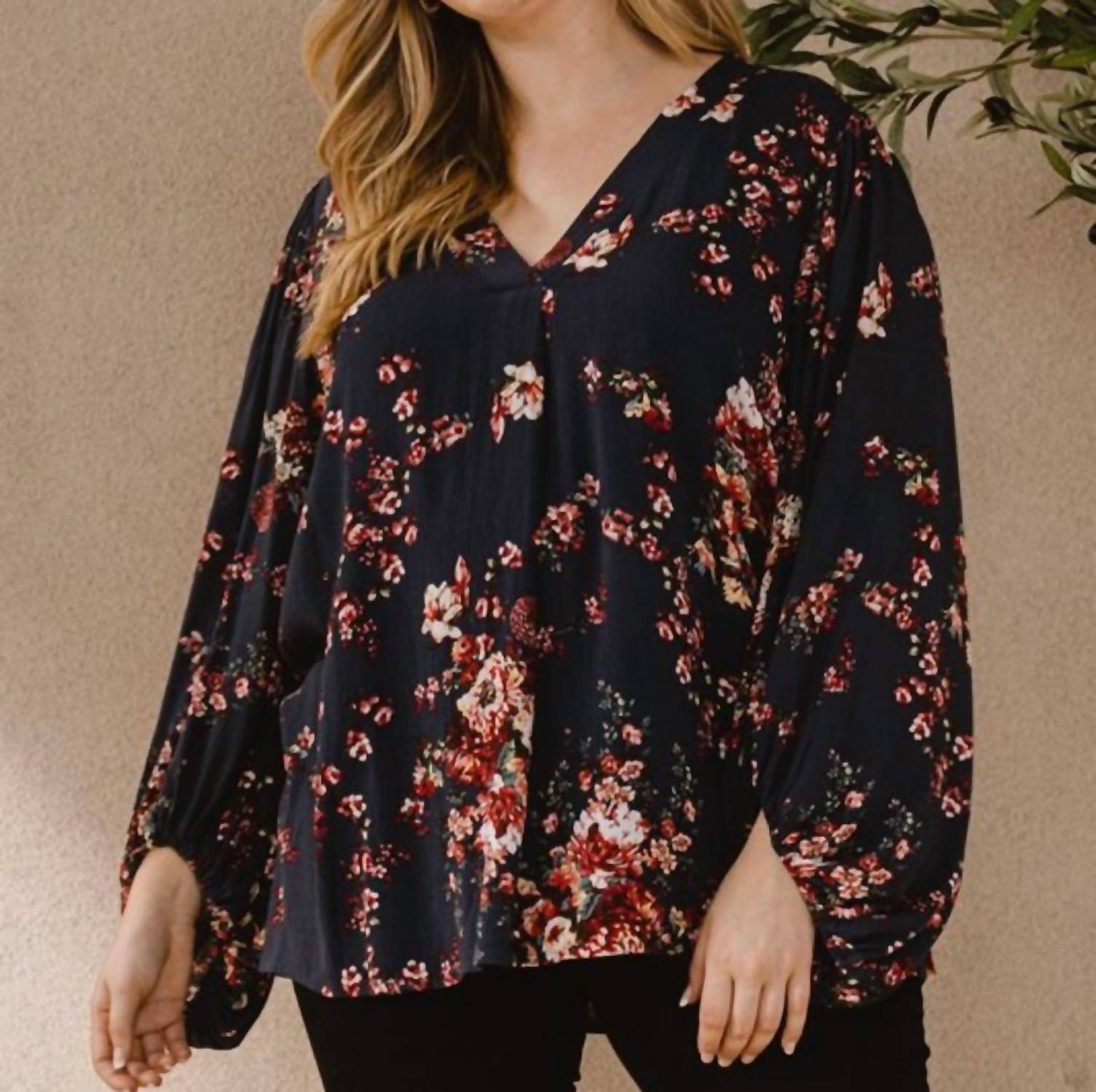Oddi - Floral Print Balloon Sleeves Blouse - Plus