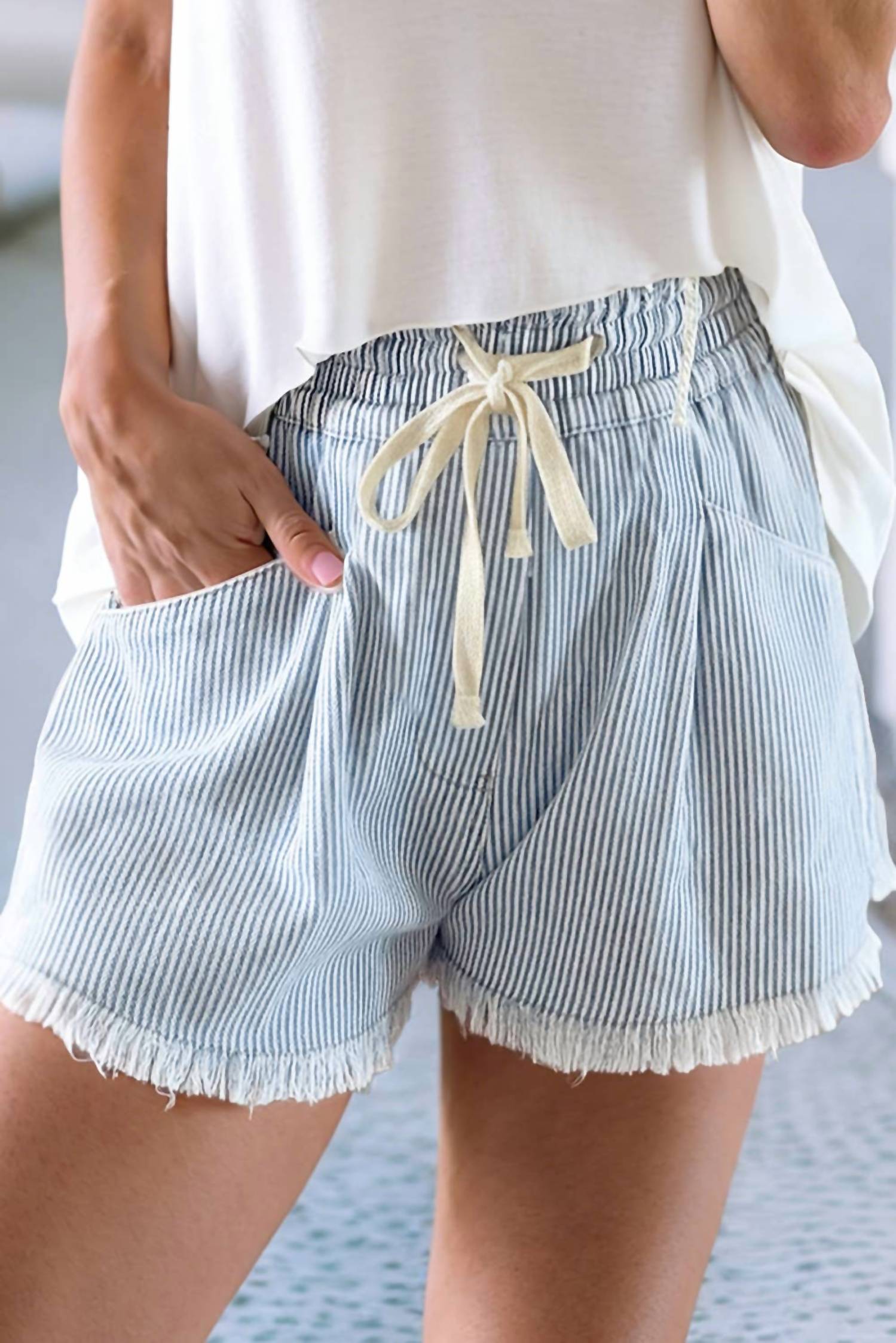 Little Daisy Closet Drawstring Elastic Waist Casual Denim Shorts in sky blue stripe - women's shorts - view 4