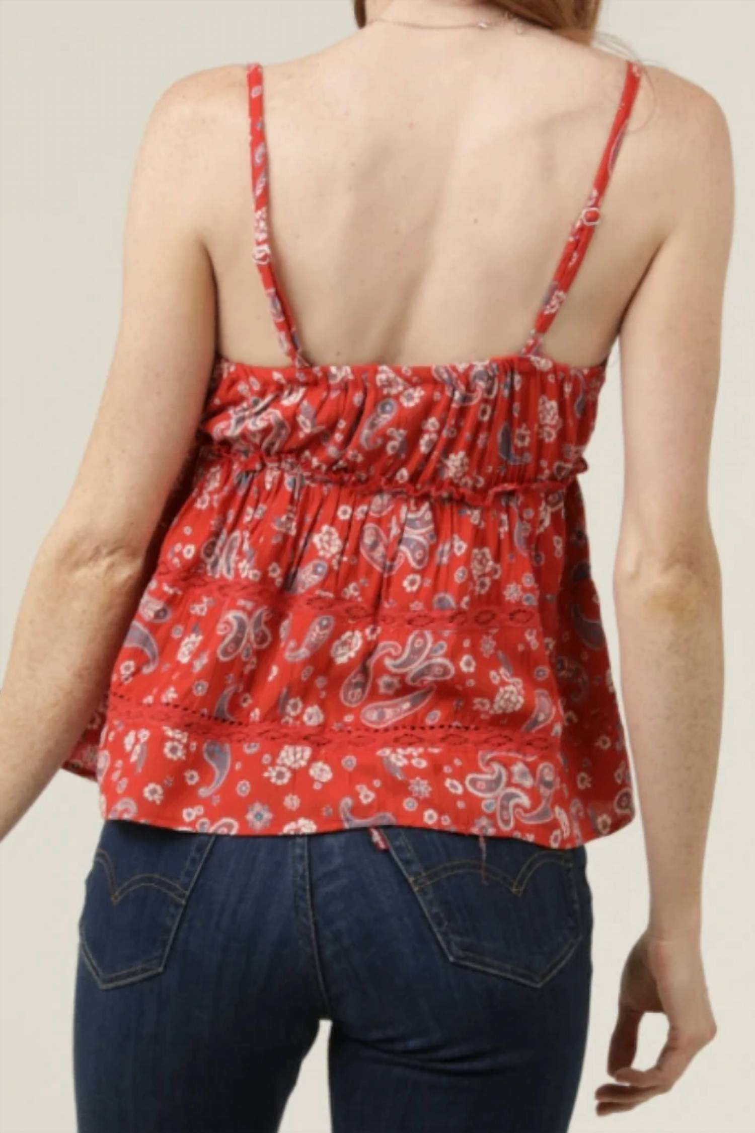 Angie - V-neck Spaghetti Strap Lace Trim Top