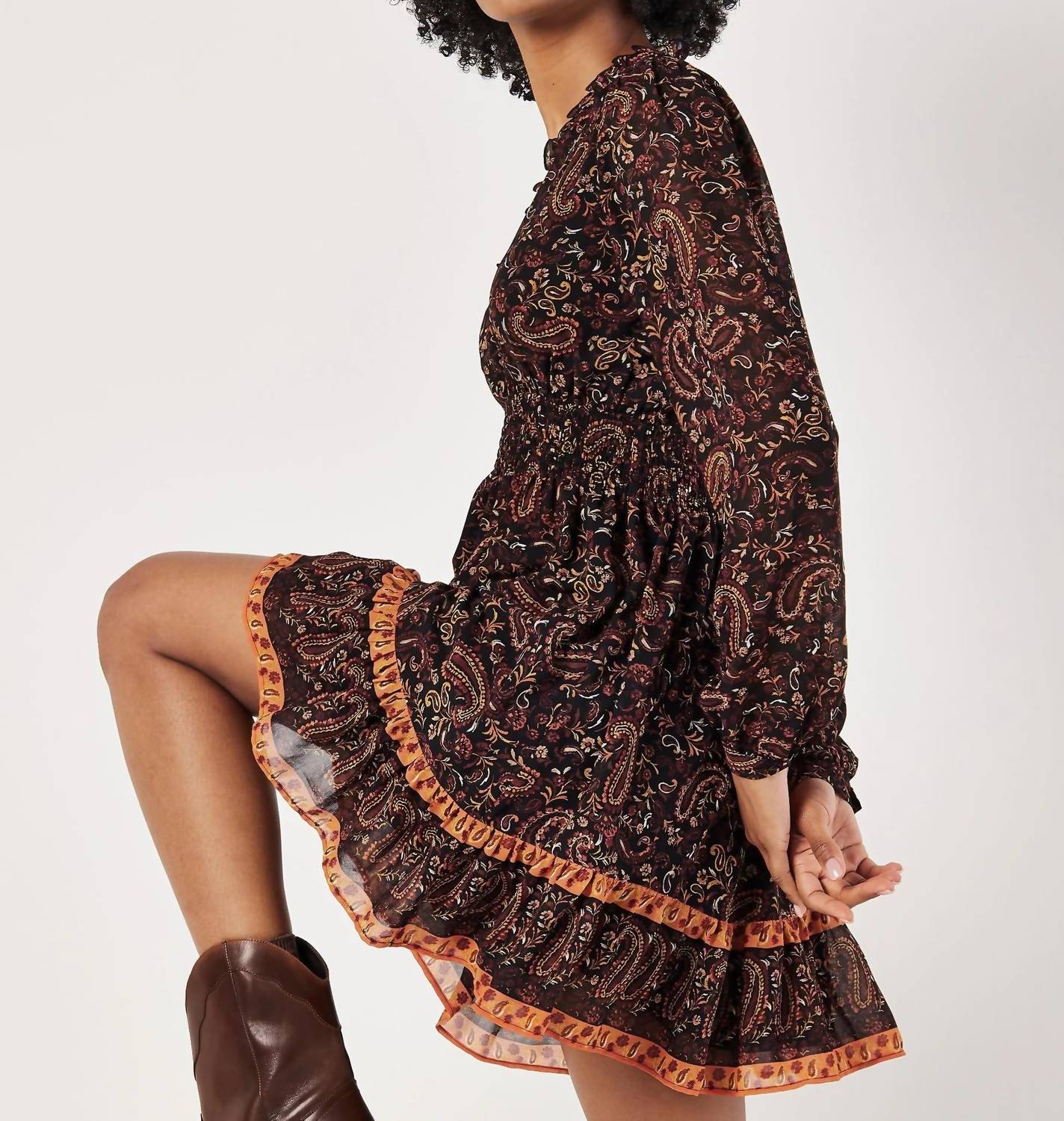 Apricot - Paisley Border Ruffle Dress