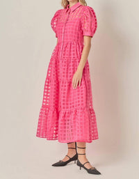 English Factory Gridded Organza Tiered Maxi Dress in coral - women's dress - alternate view