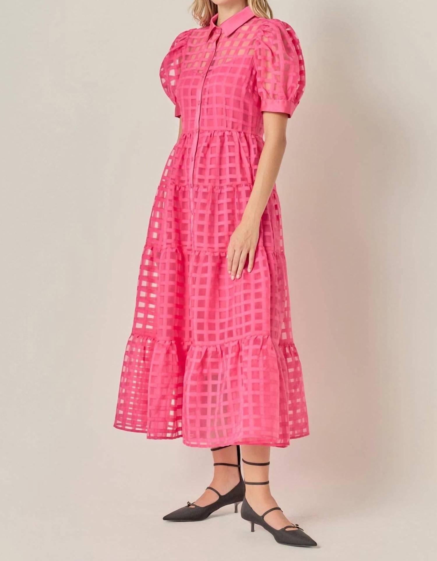 English Factory Gridded Organza Tiered Maxi Dress in coral - women's dress - alternate view
