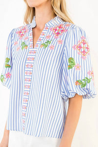 Thml - Puff Sleeve Striped Embroidery Detail V-neck Top