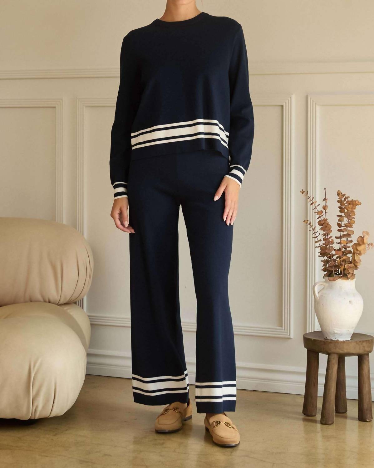 Skies Are Blue - Tori Long Sleeve Crew Neck With Stripe Hem Sweater & Knit Pants Set
