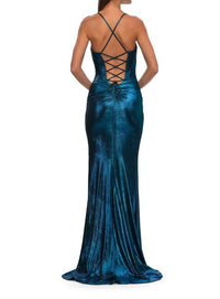 La Femme - Metallic Rhinestone Edge Gown
