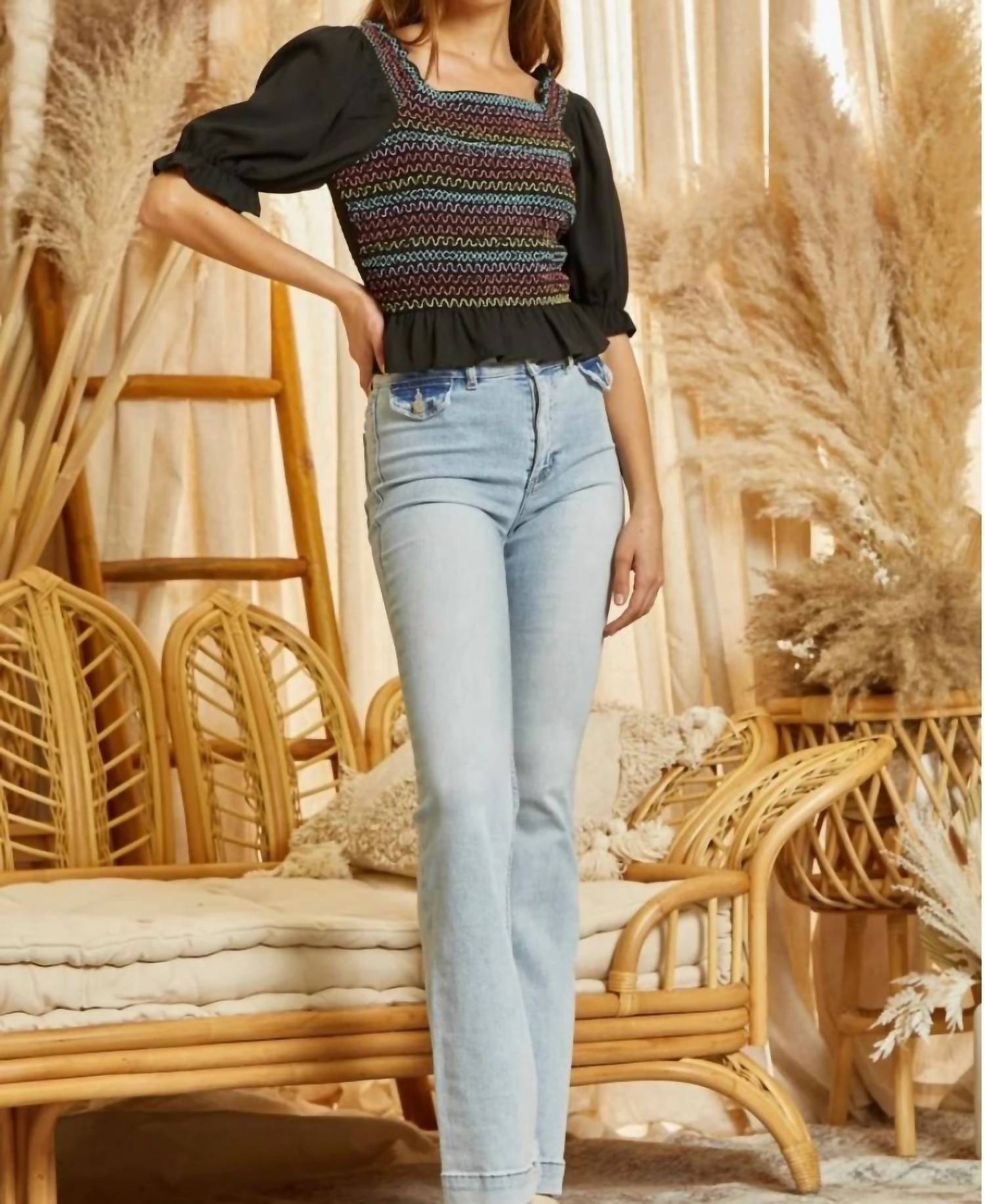 Savanna Jane - Smocked Crop Top With Colorful Embroidered Front