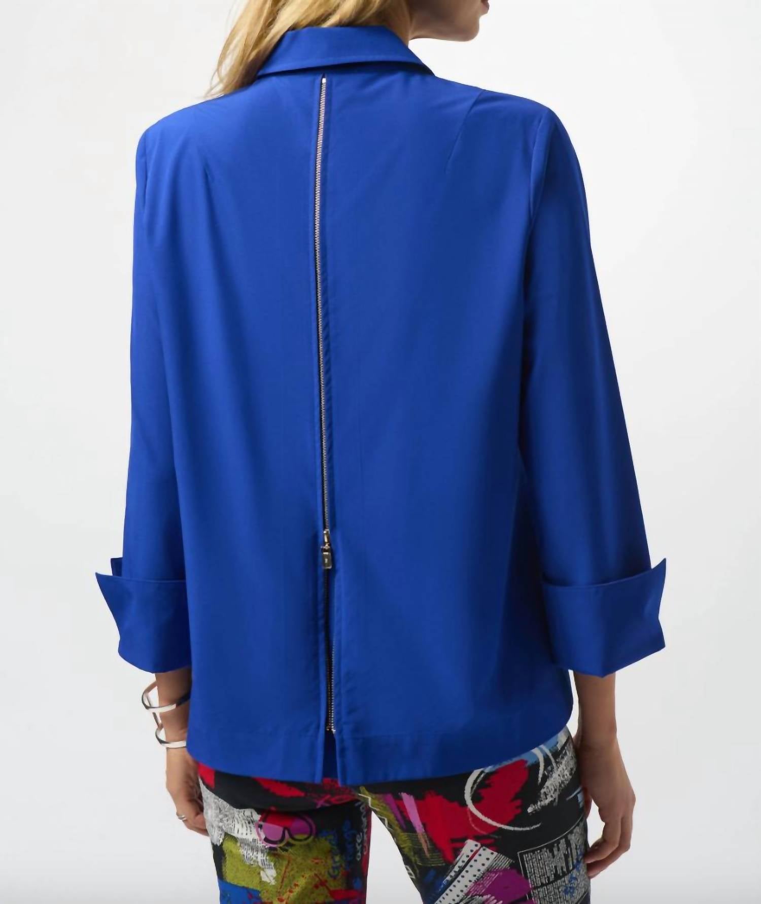 Joseph Ribkoff Stretch Poplin Button-front Boxy Blouse in royal sapphire - women's blouse - detail view