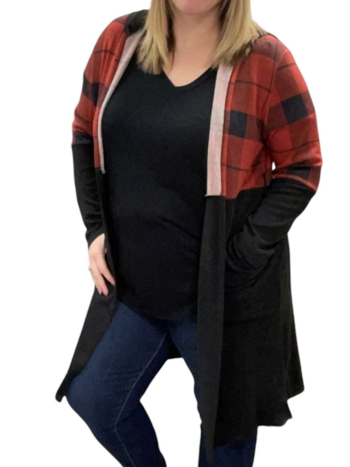 Honeyme - Hooded Buffalo Plaid Cardigan