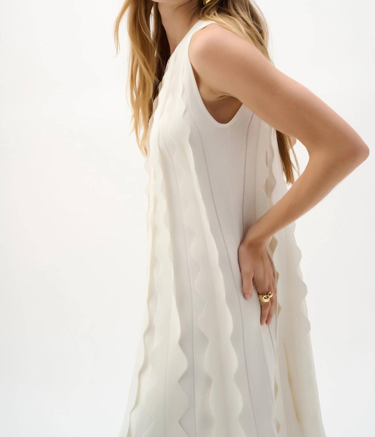 Joseph Ribkoff Viscose Sweater Knit Sleeveless A Line Dress in vanilla - women's dress - detail view