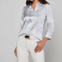 L'Agence Dani Blouse in ivory pale mist blue lace print - women's blouse - detail view