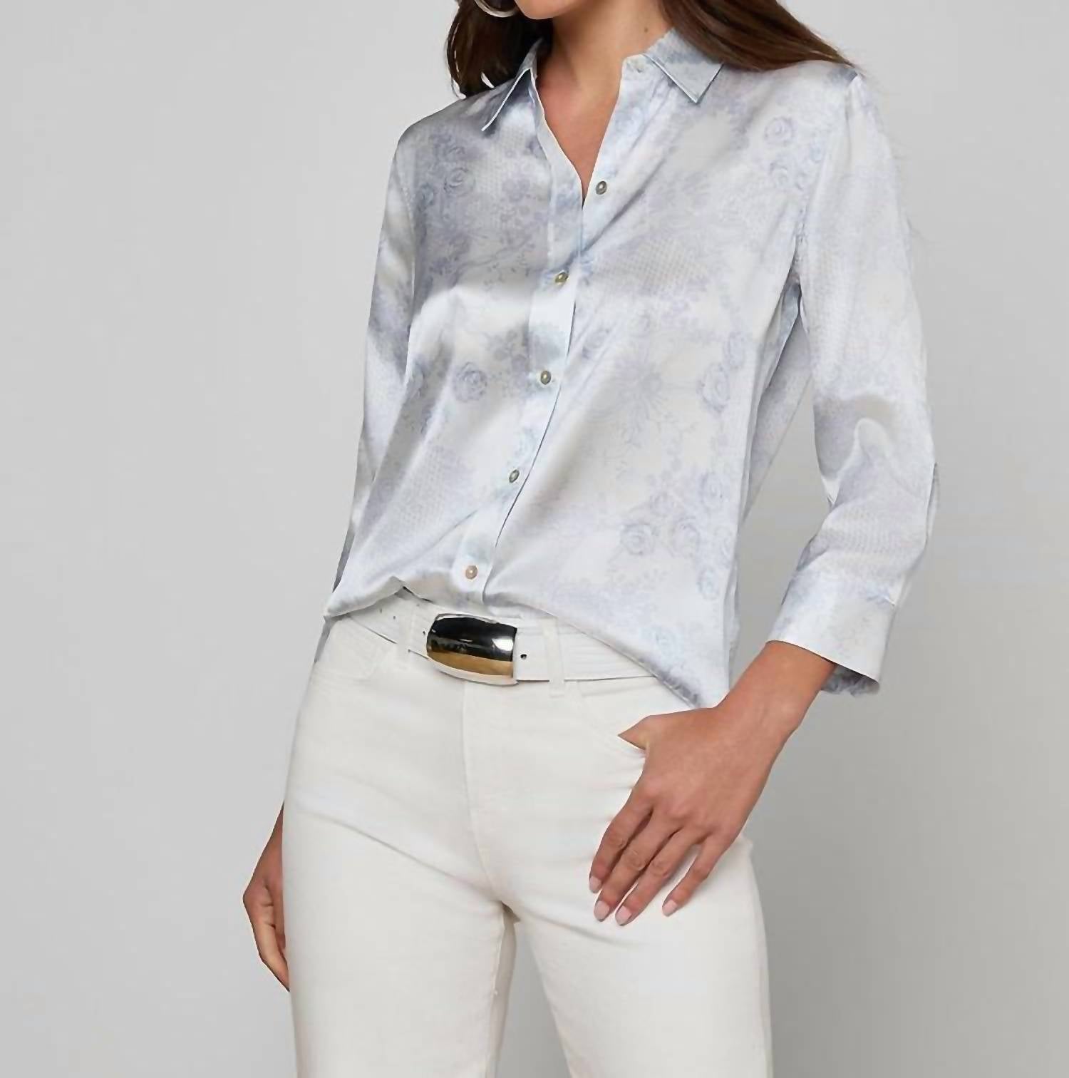 L'Agence Dani Blouse in ivory pale mist blue lace print - women's blouse - detail view