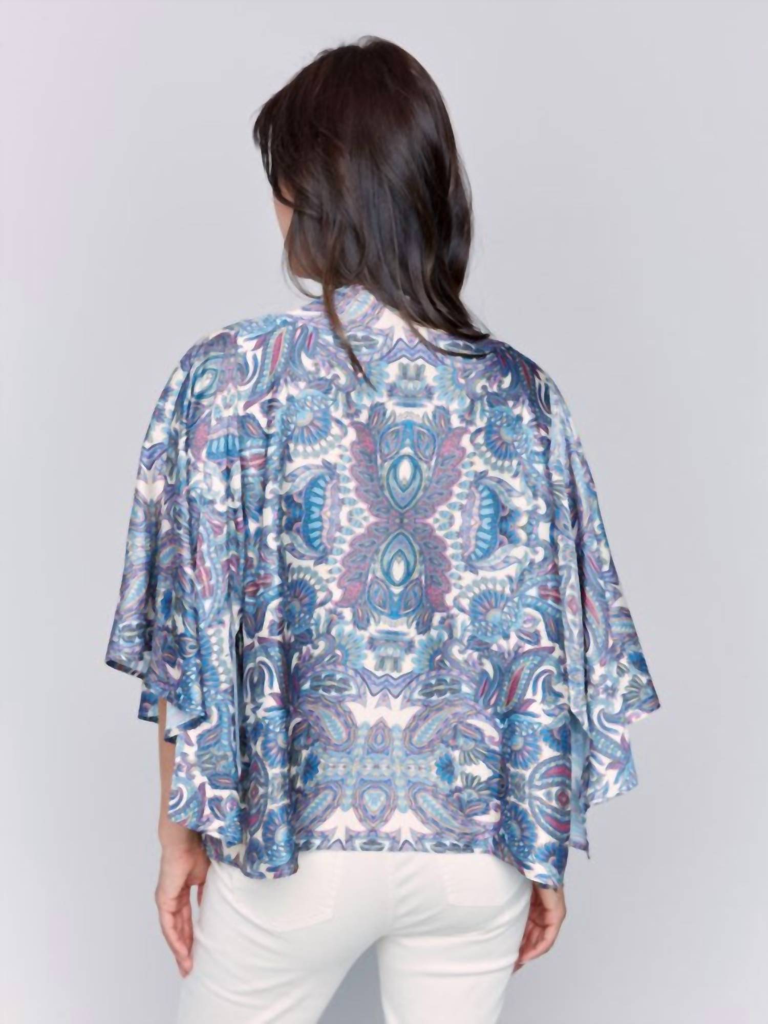 CHARLIE B Satin Kimono in blue - women's sweater - detail view