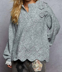 POL Scallop Hem Rose Appliqué Oversize Sweater in heather grey - women's sweater