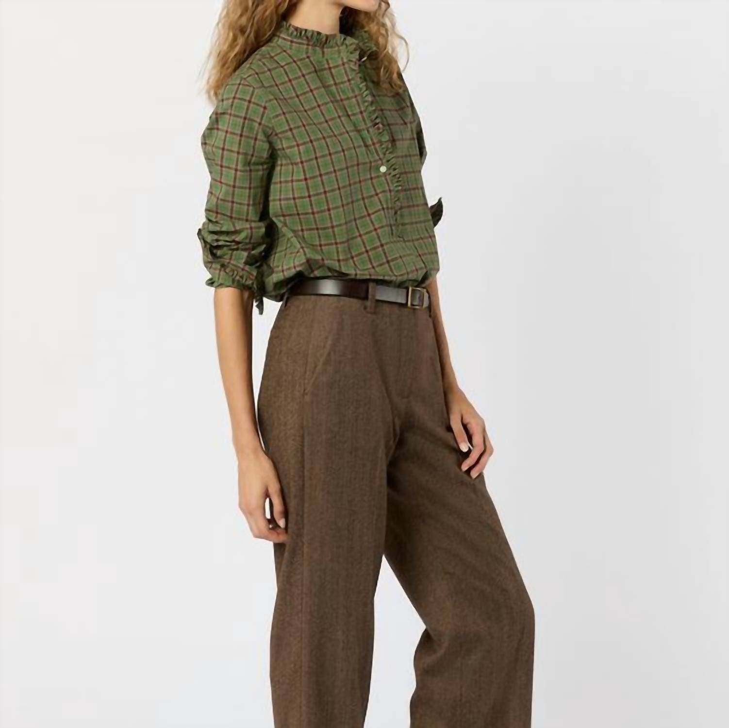 Ann Mashburn Frill Shirt in green red plaid poplin - women's shirt - detail view