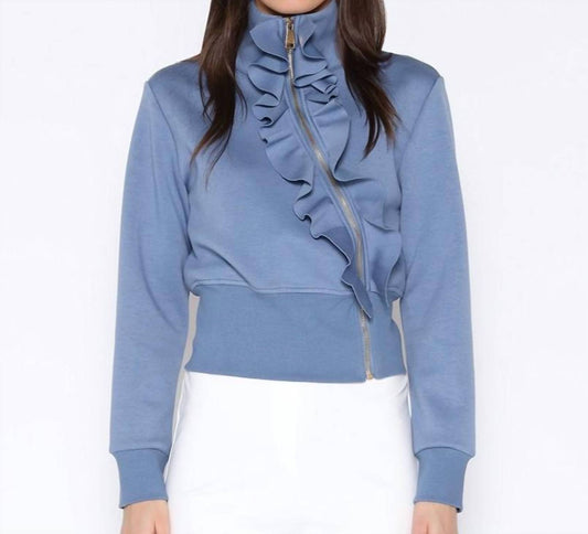 Gracia - High Neck Scuba Asymetrical Ruffled Zip Jacket