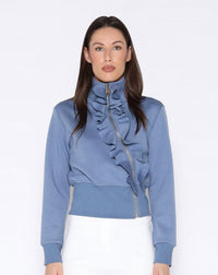 Gracia - High Neck Scuba Asymetrical Ruffled Zip Jacket