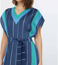 Current Air - Sleeveless V-neck Pleated Midi Dress With Stripe Border