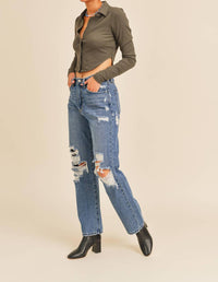 Just Black Denim - High Rise Distressed Dad Jeans