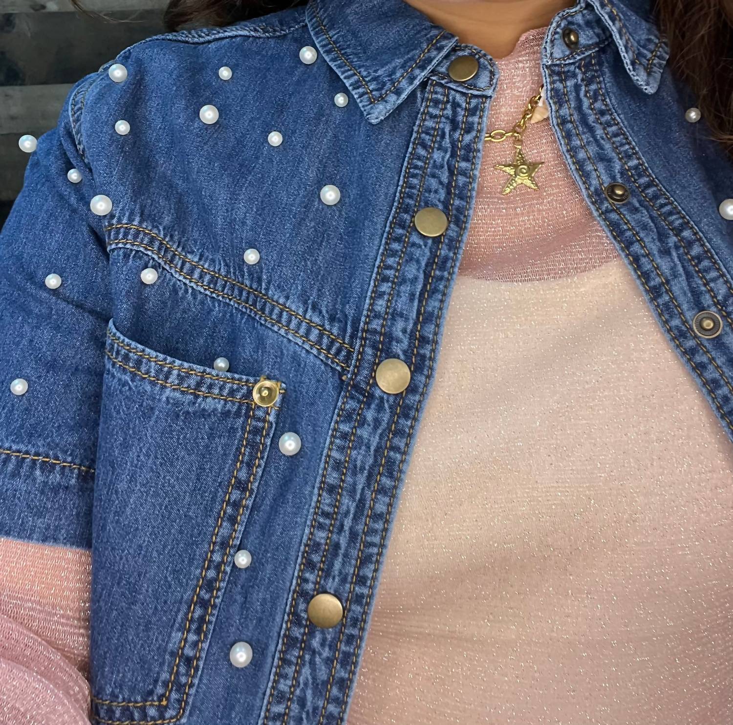 Cozy Co. - Pearl Denim Short Sleeve Shrug Top