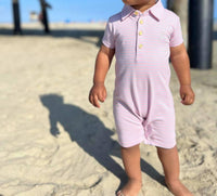ME & HENRY Boy's Drift Stripe Polo Romper in lilac pink - kids' item - detail view