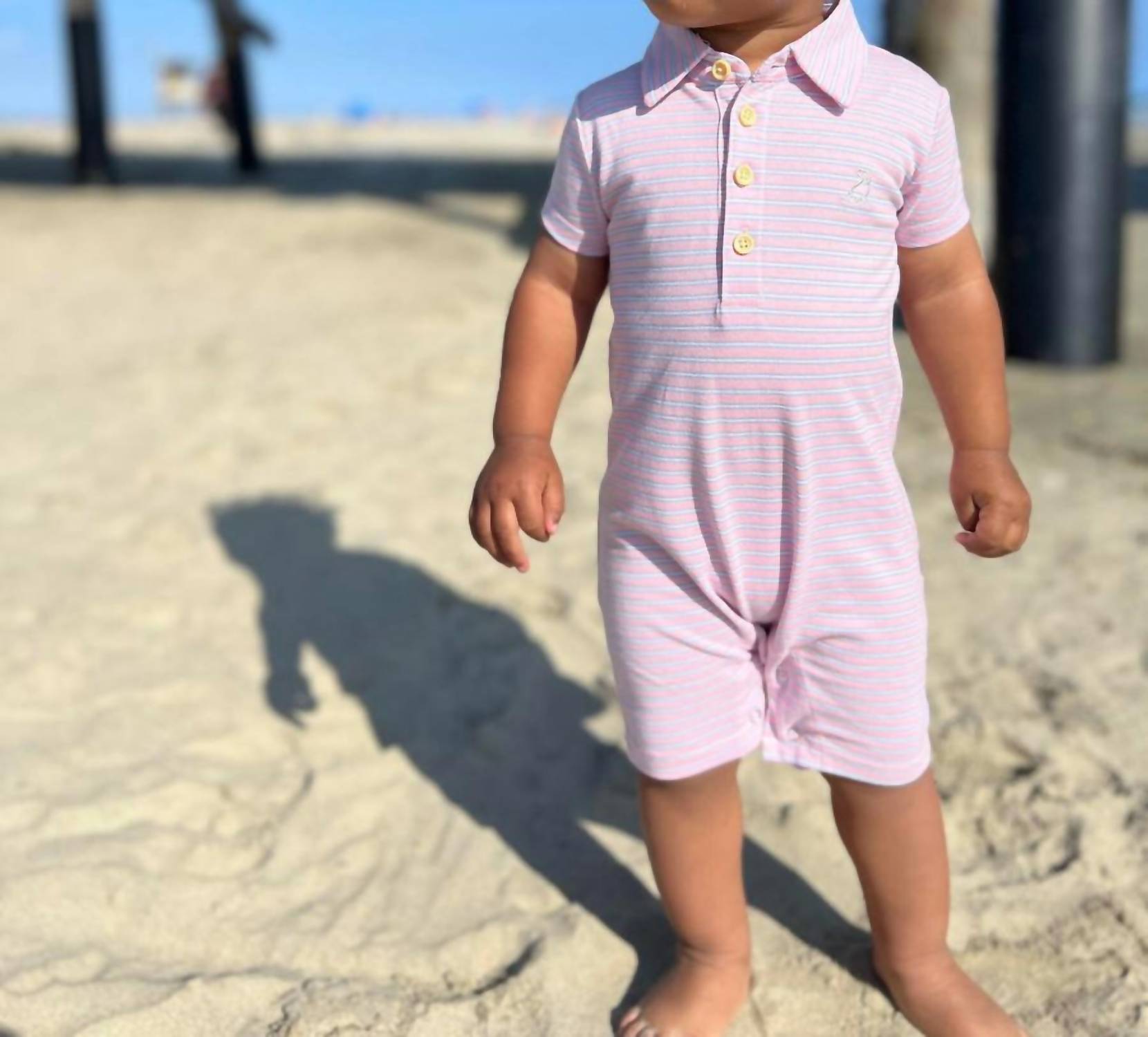 ME & HENRY Boy's Drift Stripe Polo Romper in lilac pink - kids' item - detail view