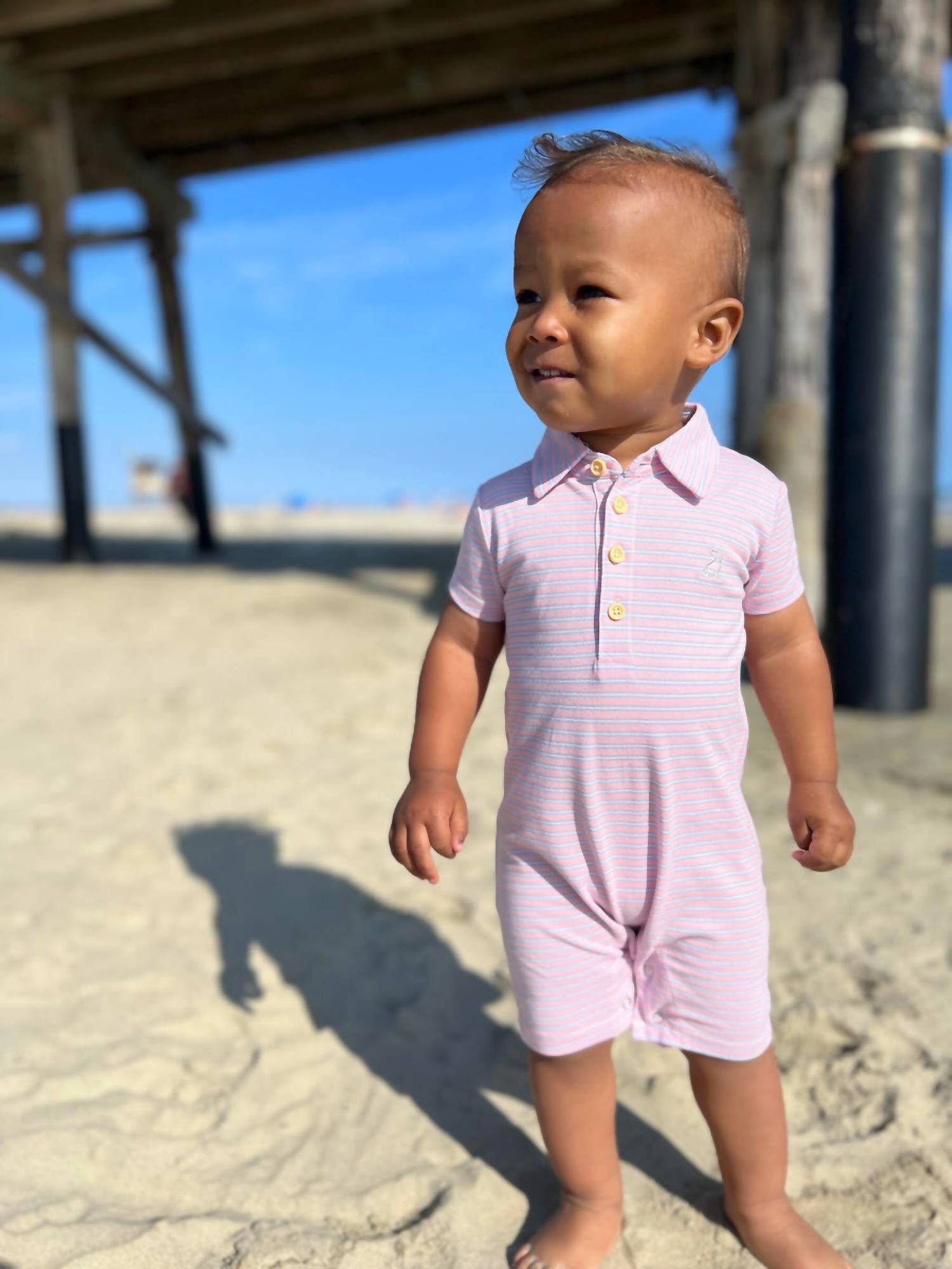 ME & HENRY Boy's Drift Stripe Polo Romper in lilac pink - kids' item - alternate view