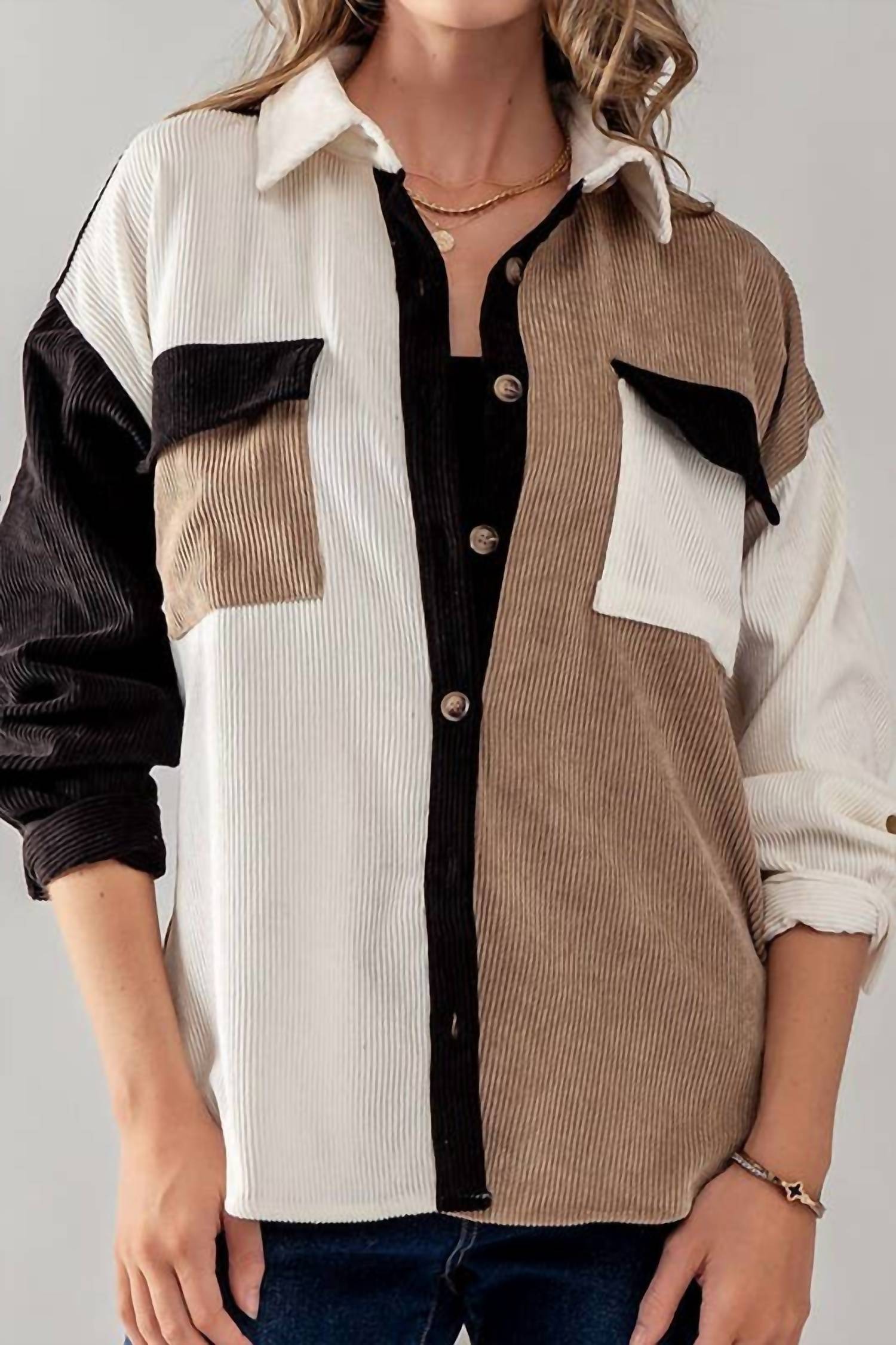 Blu Pepper - Relaxed Fit Colorblock Corduroy Shacket