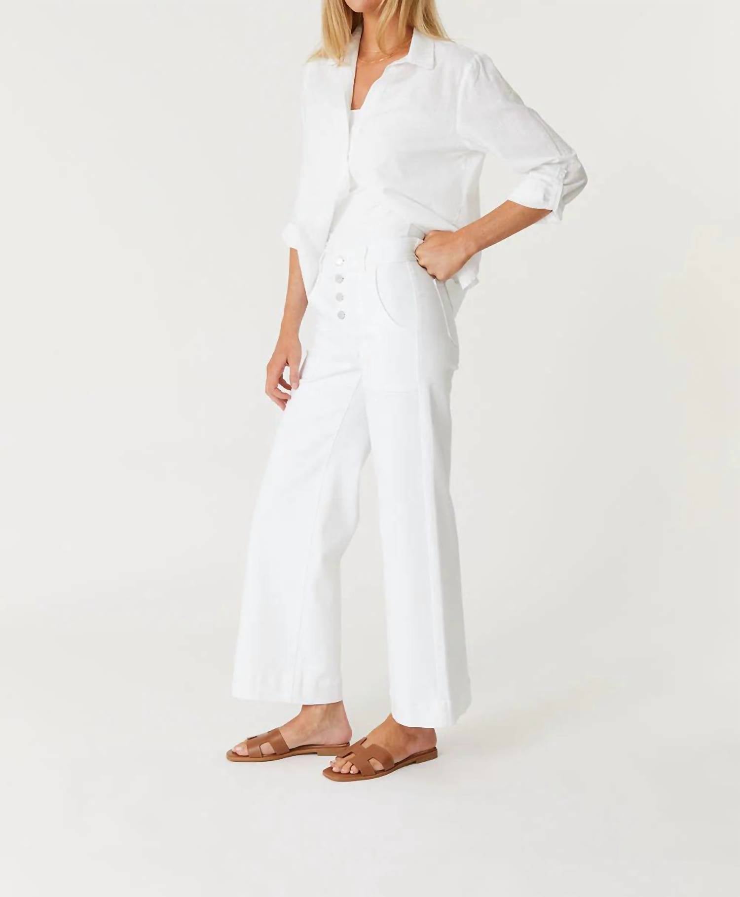 Level99 Camille Exposed Button Wide Leg Pants in stillwater - women's pants - detail view
