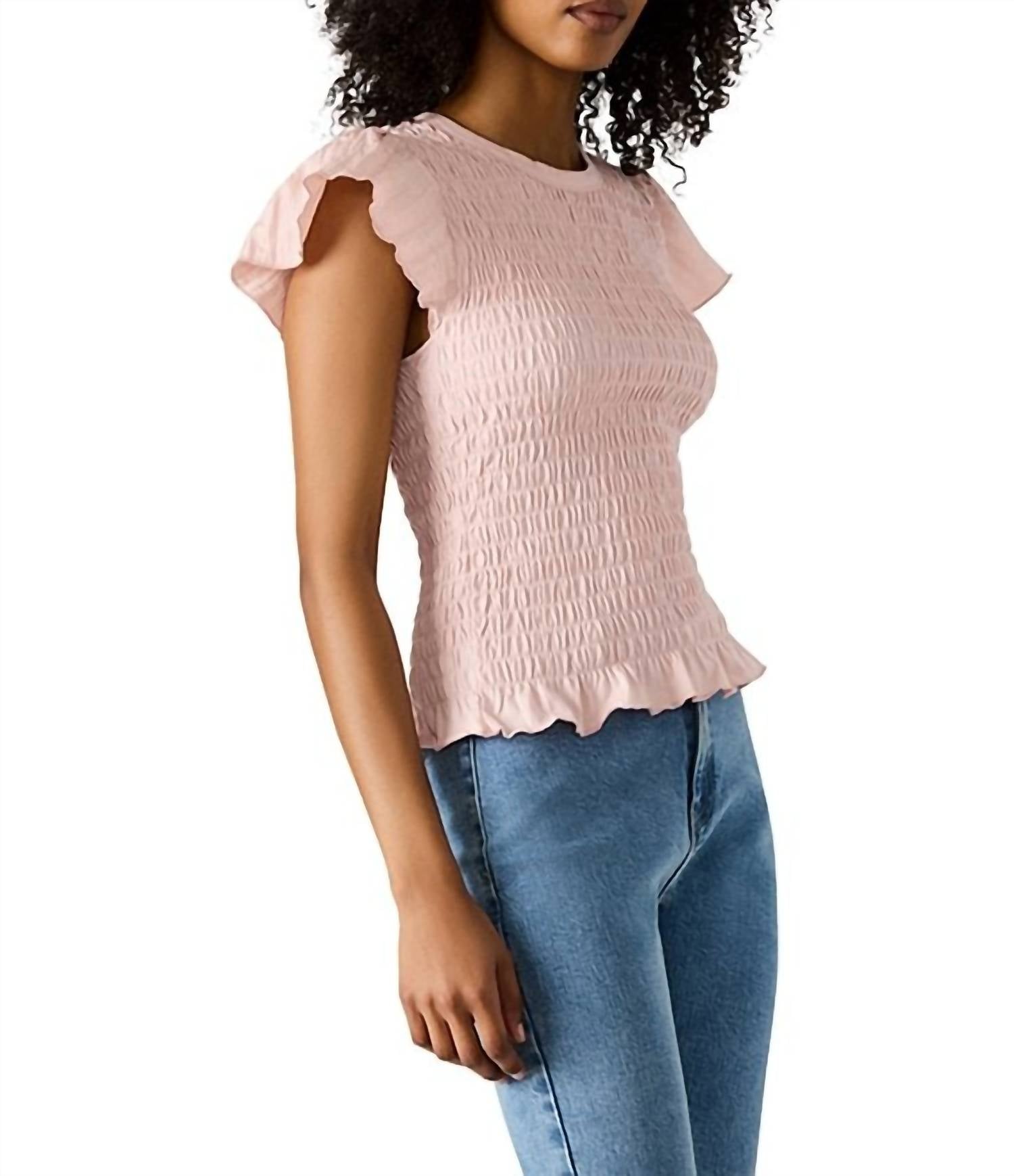 STEVE MADDEN Cecilie Crew Neck Short Sleeve Smocked Peplum Top - women's blouse - detail view