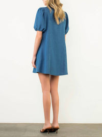 THML Mixed Media Denim Dress in blue - women's dress - alternate view