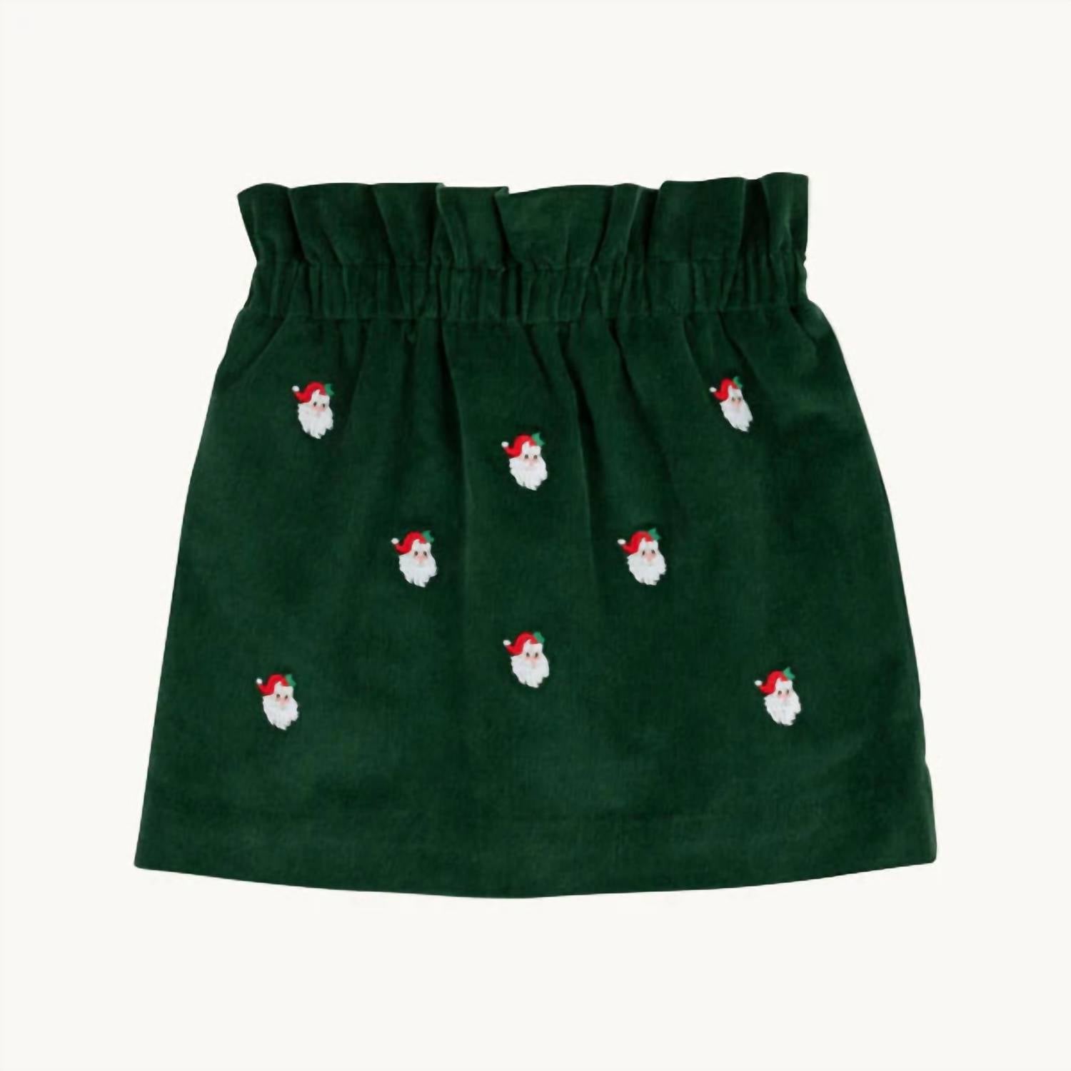 The Beaufort Bonnet Company Girl's Critter Beasley Bag Corduroy Skirt in grier green with santa embroidery - kids' skirt - detail view