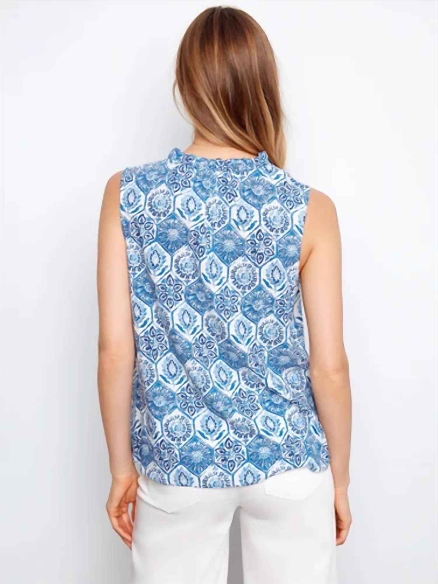 Charlie B - Printed Sleeveless Ruffle Neck Top