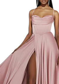 Alyce Paris - Cowl Neckline Satin A-line Prom Dress With Slit