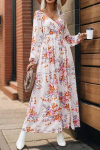 Rosa Clothing - Vintage V-neck Print Long Sleeve Maxi Dress