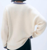 White + Warren Cashmere Varsity Cardigan Sweater in soft white deep navy - women's cardigan - detail view