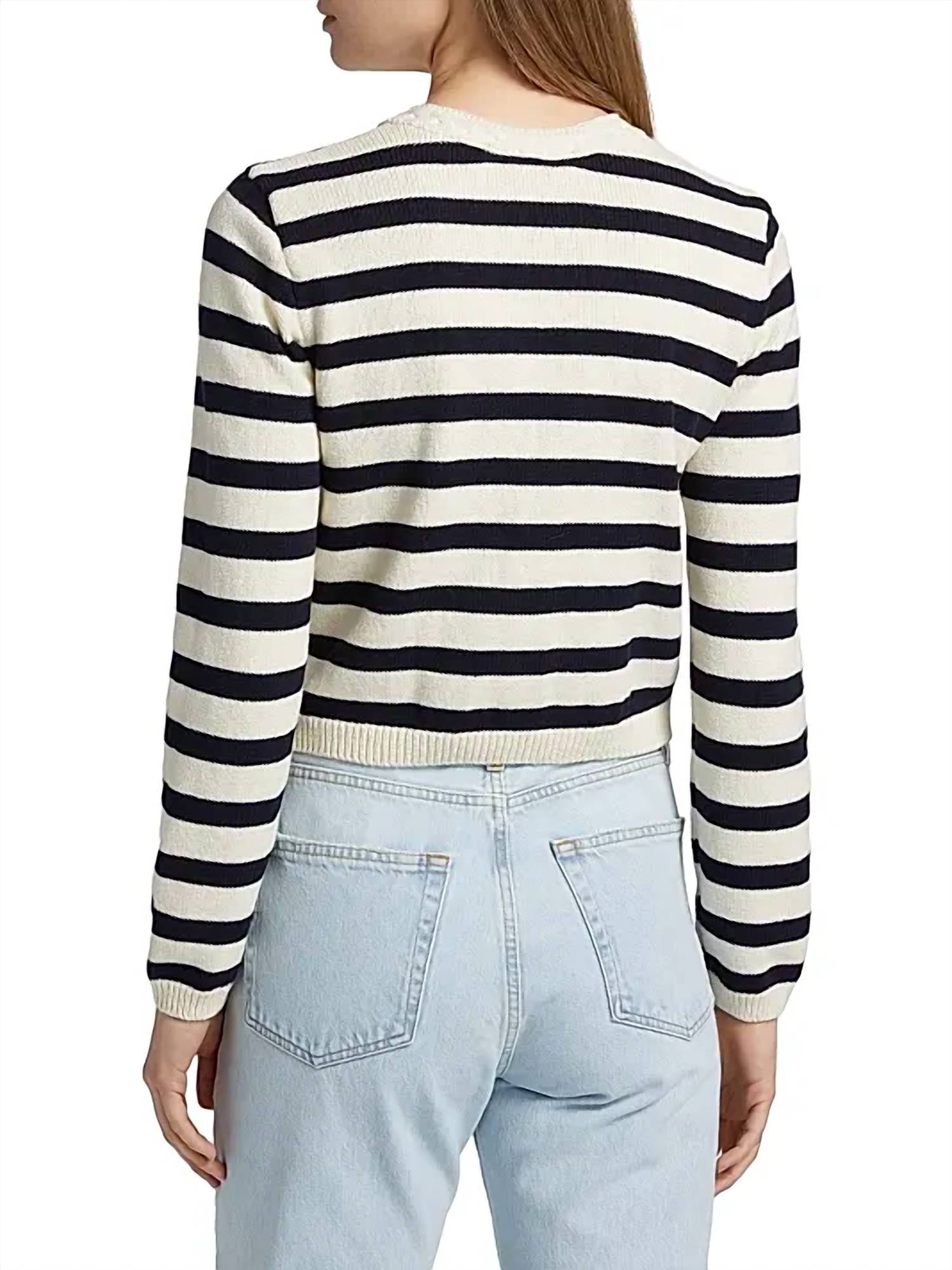 FRAME The Harbor Cardigan in navy stripe - women's cardigan - detail view