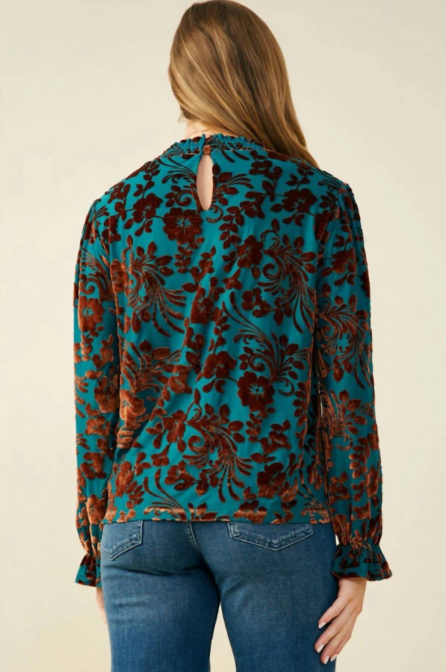 Hayden La - Paisley Burnout Velvet Ruffle Neck Top