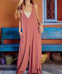 Bucketlist - Shoulder Ties Wide Leg Solid Knit Jumpsuit
