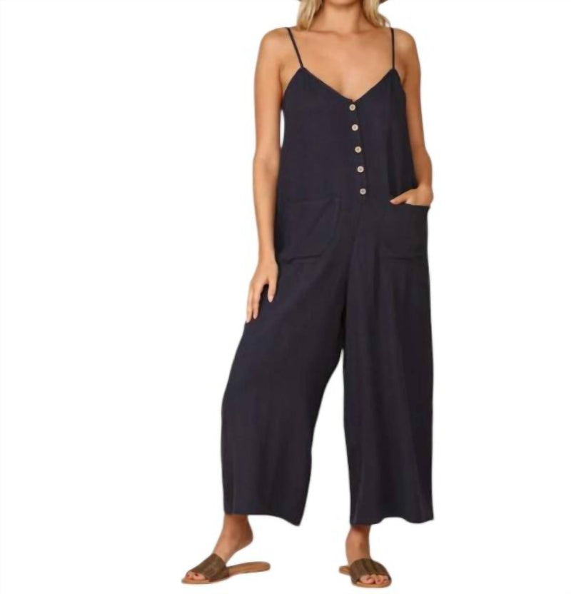 By Together Sleeveless Woven Gauze Button Jumpsuit in navy - women's pants