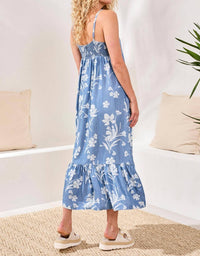 TRIBAL Drape Denim Flowy Maxi Dress With Ruffle Hem in seaside blue - women's dress - detail view