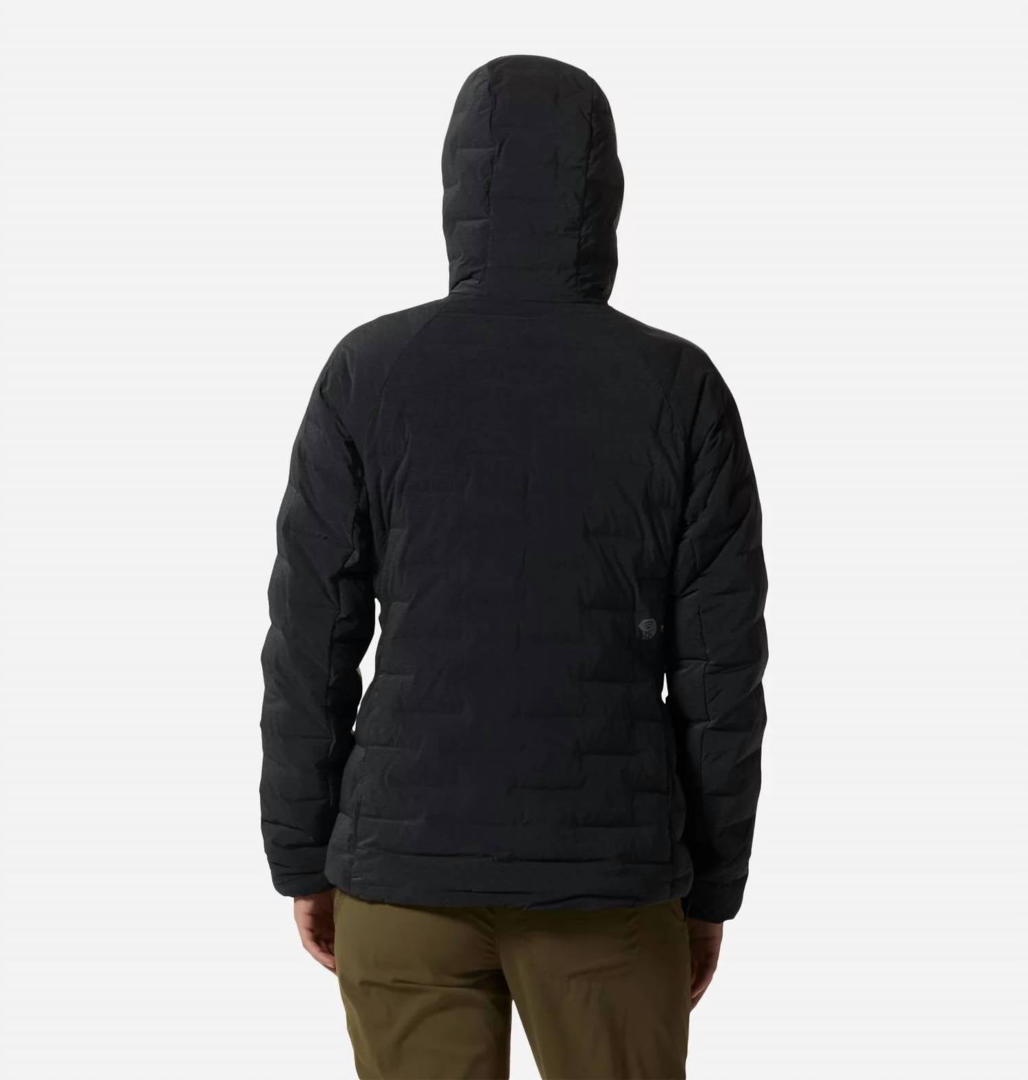 Mountain Hardwear Stretch Down Hoody Jacket in dark storm heather - women's jacket - detail view