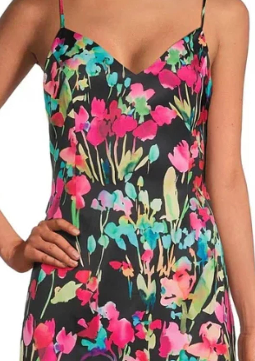 Liv Foster - Floral Print V-neck Spaghetti Strap Satin Gown