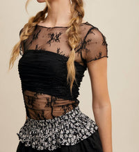 Listicle - Semi Sheer Floral Mesh Ruched Layering Top