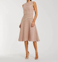 MAC DUGGAL Boucle Sleeveless Button Up Midi Dress in blush gold - women's dress