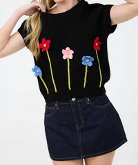 Blu Pepper - 3d Crochet Floral Short Sleeve Sweater Top