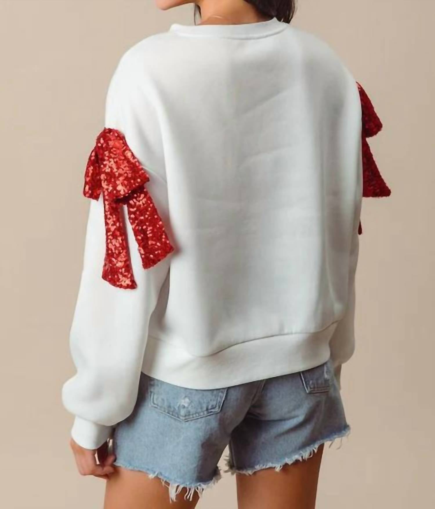 Fantastic Fawn - Sequin Bow On Sleeve Sweatshirt