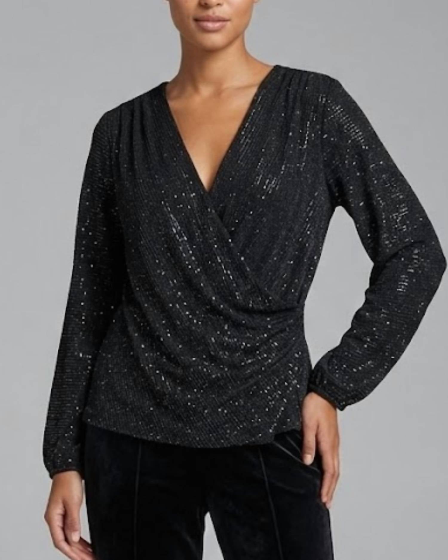 LAST TANGO Sparkle Cross Front Top in black - women's long sleeve top