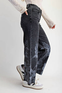 Easel Floral Bird Stretch Denim Pants in black denim wash - women's jeans - detail view