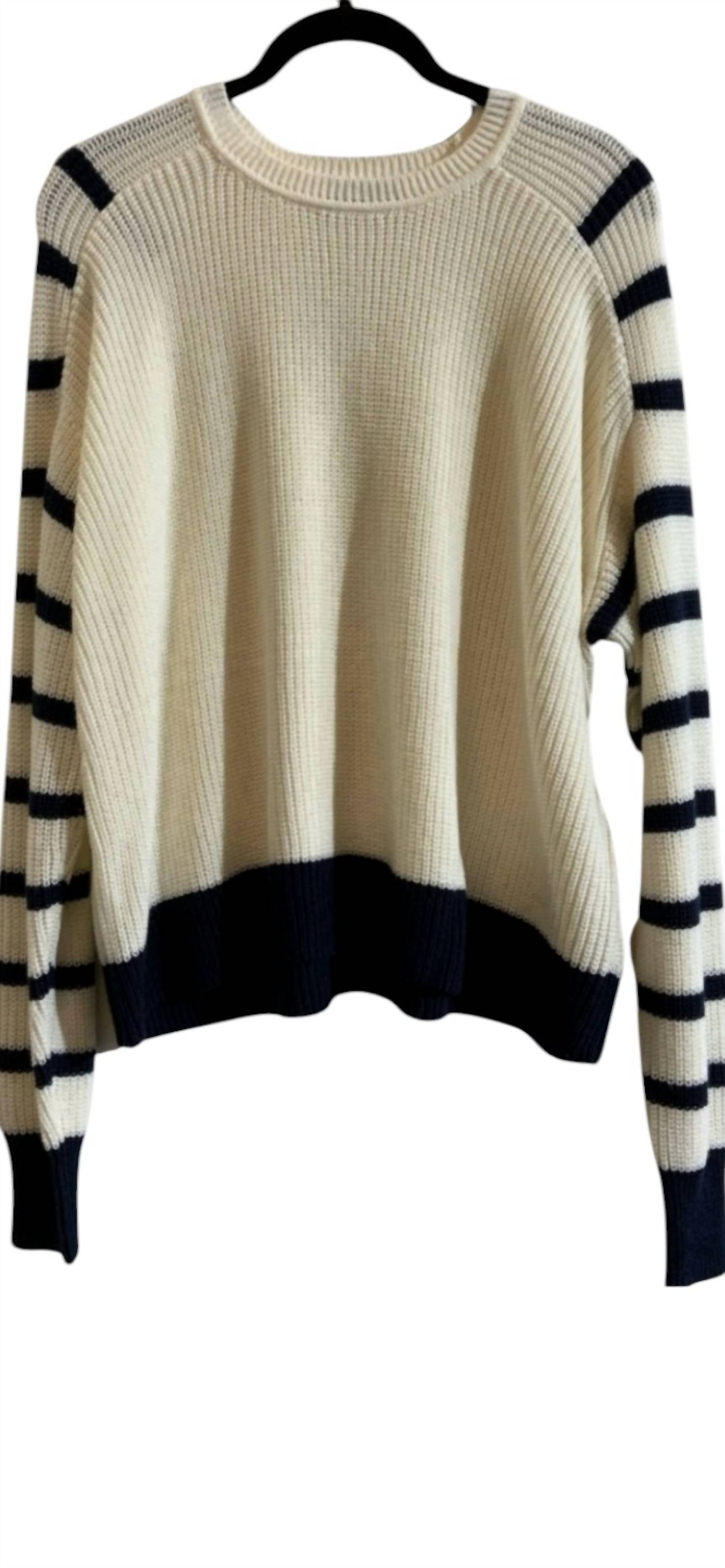 Hasson - Shaker Crew with Striped Sleeves Sweater