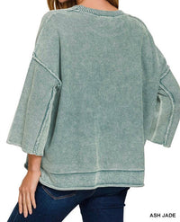 Zenana - Mineral Washed 3/4 Sleeve Boxy Sweater
